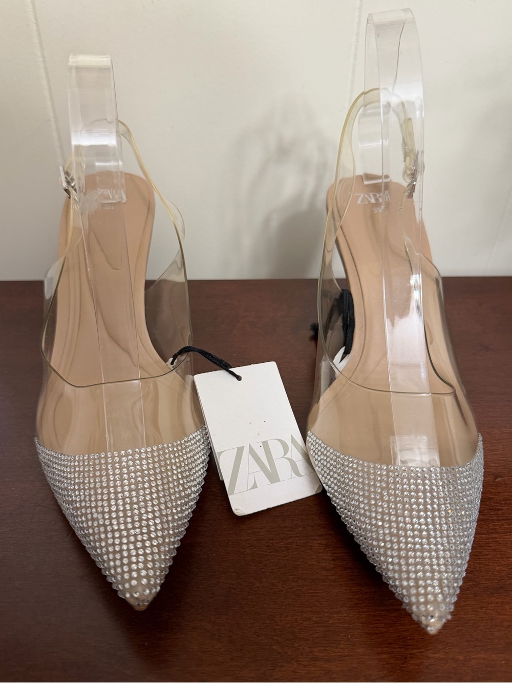 Zara Clear Vinyl Rhinestone Pointed Toe Slingback Kitten Heels US 8 NWT - Picture 4 of 12